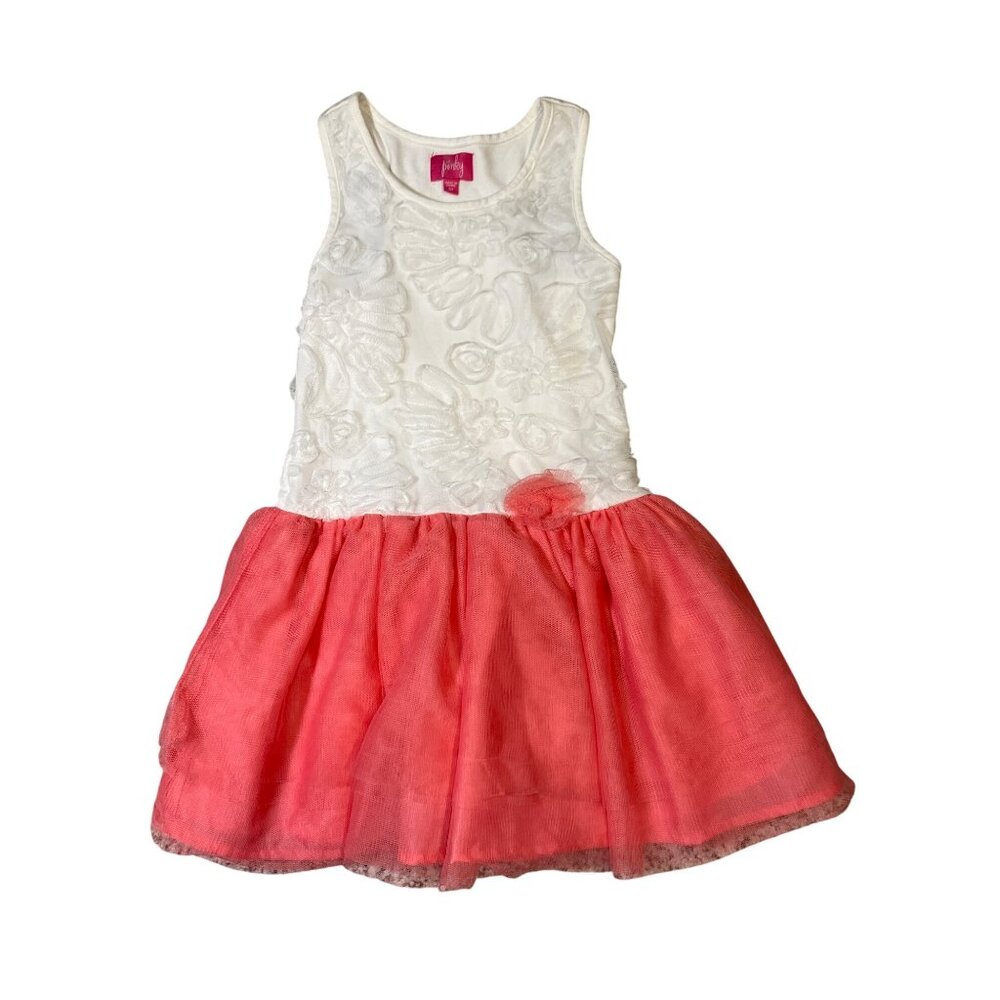 Pinky Girls' White Coral Sleeveless Dress 5Y Floral Lace & Tulle Skirt